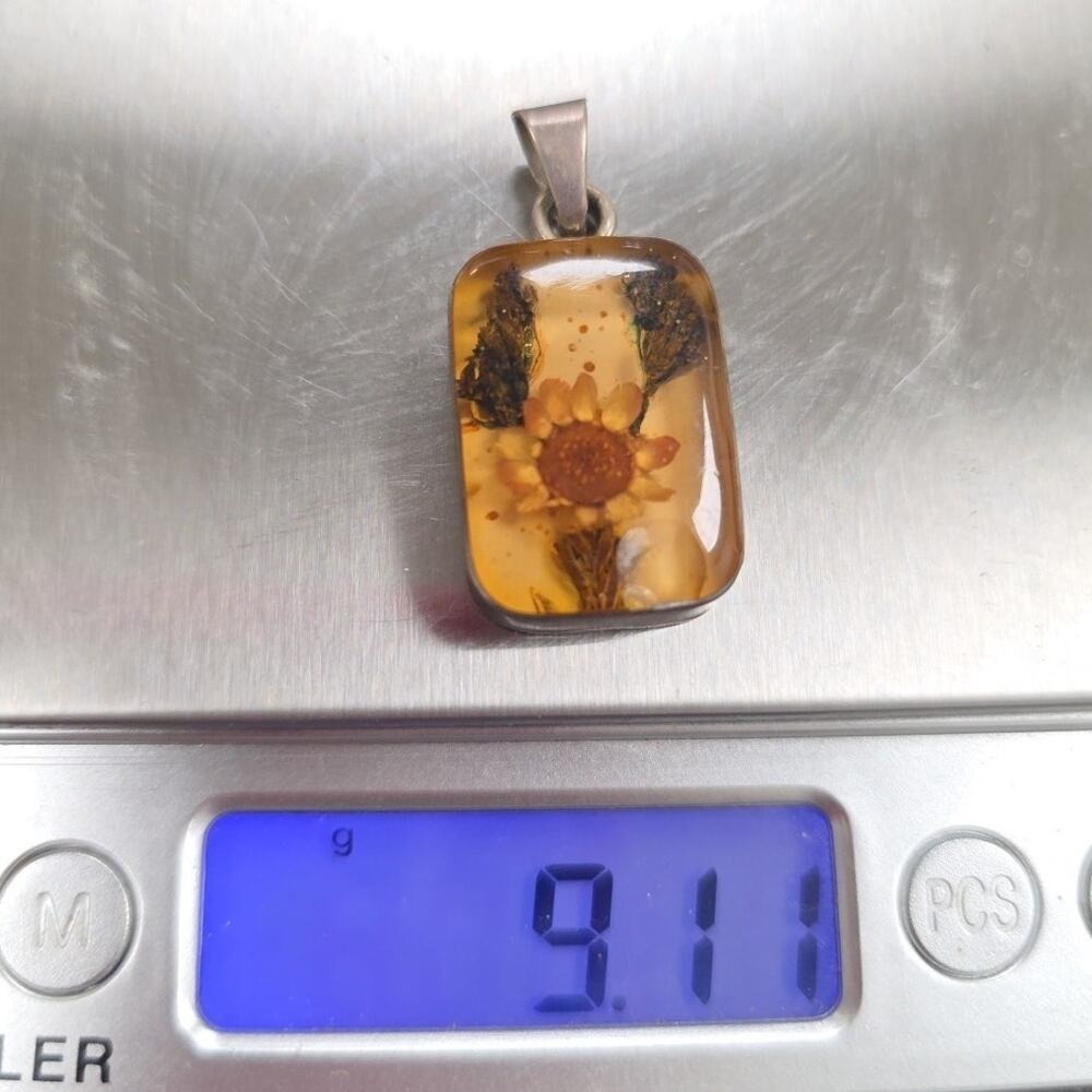 9g Vintage Sterling Silver 925 Flower‎ In Resin Pendant Jewelry Mexico